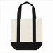 Mini Canvas Tote - A mini canvas tote in cream with black straps and a reinforced bottom, featuring a logo.
