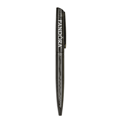 The Rhi Metal Ball Pen - A metallic black ballpoint pen with a clip and a logo, featuring a sleek and elegant design.