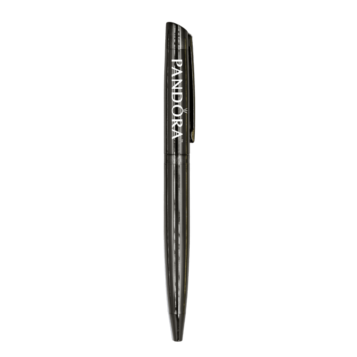 The Rhi Metal Ball Pen - A metallic black ballpoint pen with a clip and a logo, featuring a sleek and elegant design.