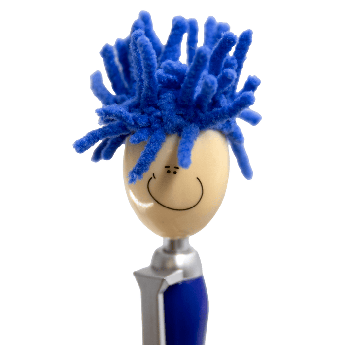 Mop Head Pen with Stylus - A pen with a smiling face, featuring a blue mop-like head made of chenille, and a silver grip.
