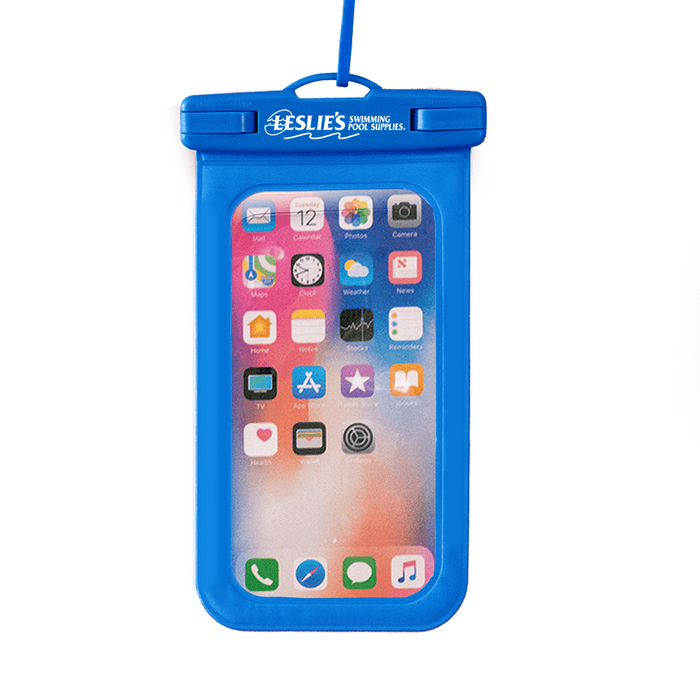 Waterproof Phone Pouch - A blue waterproof phone pouch with a transparent front, featuring a logo on the top.