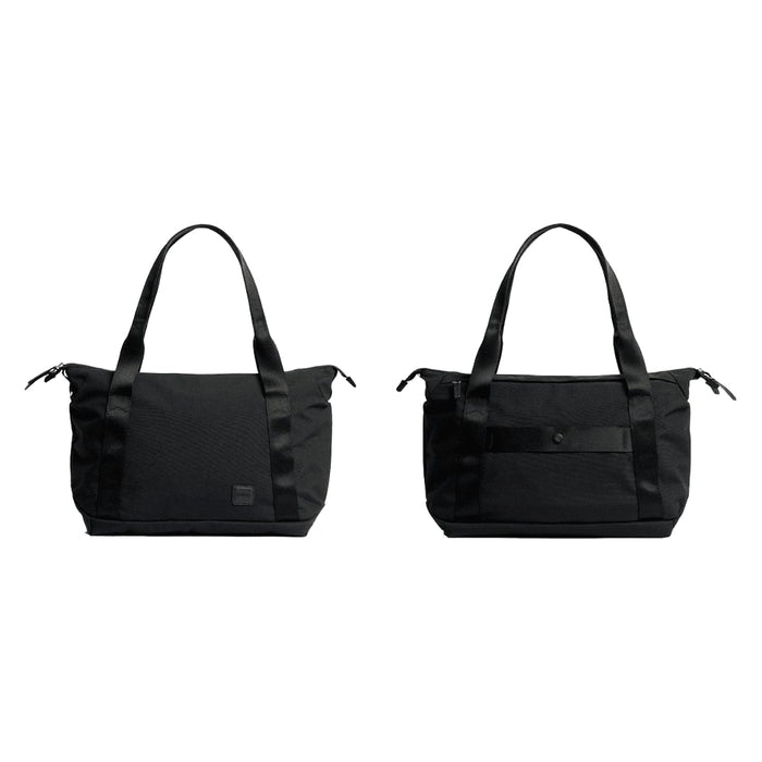 Bellroy Classic Tote - A black tote bag with two handles, featuring a sleek design and a logo. It appears in two angles.