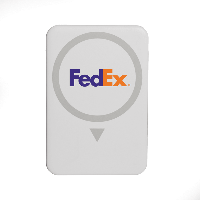 The Mason Wireless Charging Powerbank 5000mAh - A wireless charging power bank in white with a circular design and a logo.