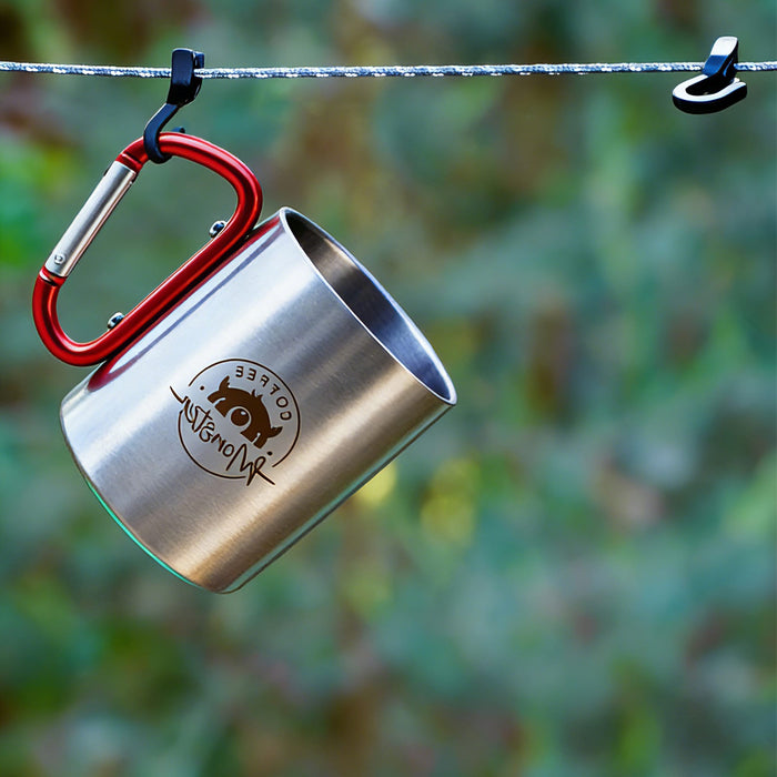 170ML/280ML Stainless Steel Insulated Travel Mug with Carabiner Handle - A stainless steel insulated travel mug in silver with a red carabiner handle, featuring a logo.