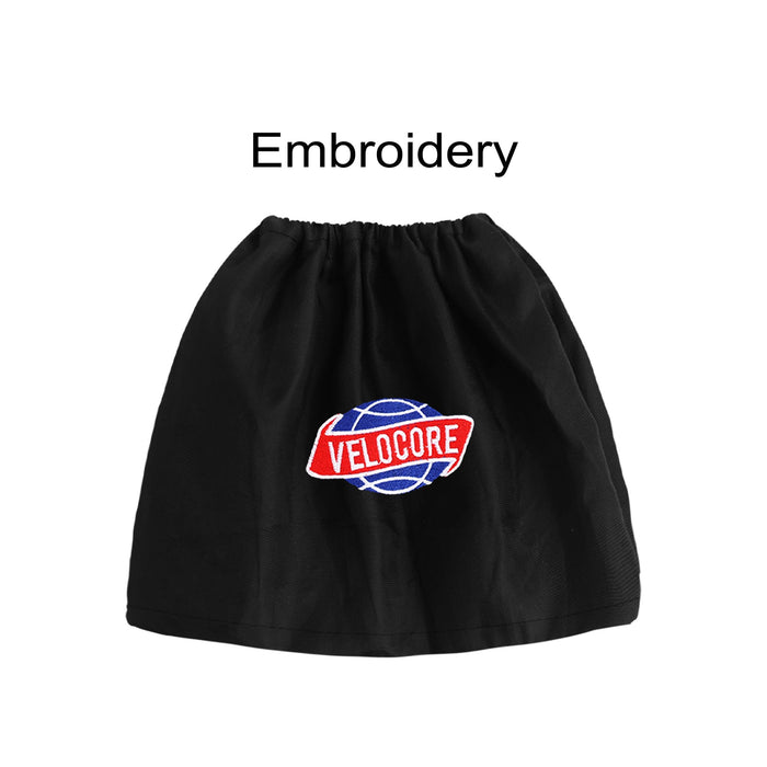 Waterproof Boot Covers - A black boot cover with a round logo featuring red and blue elements, and an embroidered text design.