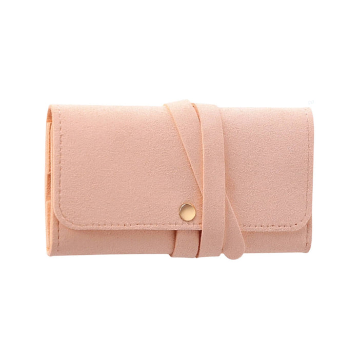 Synthetic Leather Jewellery Bag - A pink synthetic leather jewellery bag, featuring a flap closure and a strap for secure fastening.