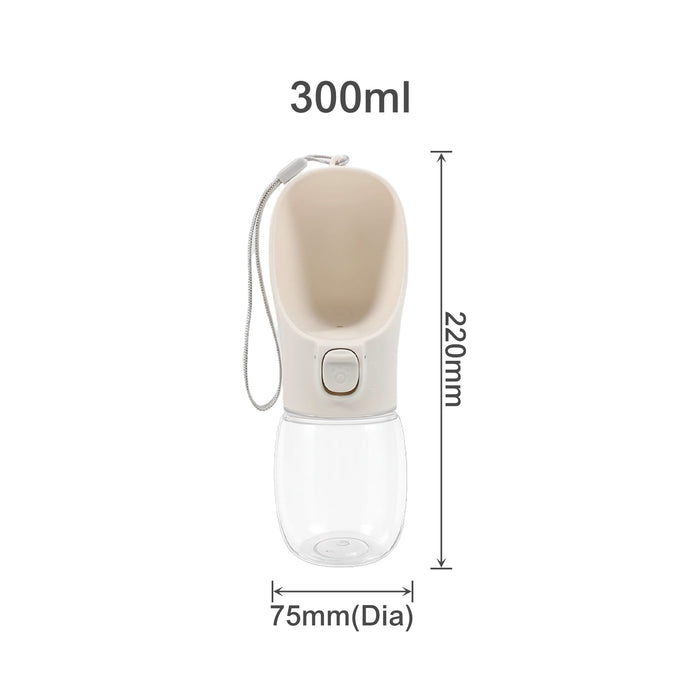 300ml Portable Pet Water Bottle - A drink bottle designed for pets, featuring a beige top and clear base, measuring 300ml with a carrying strap.