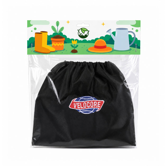 Waterproof Boot Covers - A black drawstring bag with a logo, packaged for waterproof boot covers. The background features gardening elements.