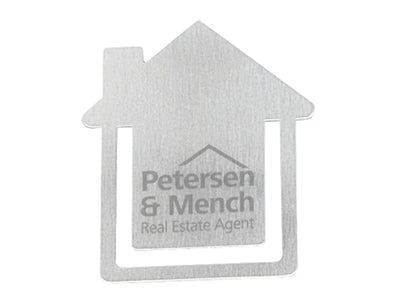 Biz Clip - House (Replaced by Indent C4754-EI) - A metallic business card holder shaped like a house with a logo and branding on the surface.