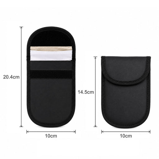 PU Faraday Signal Blocking Pouch - A black PU Faraday signal blocking pouch with dimensions indicated. It features a smooth outer surface and a secure closure.