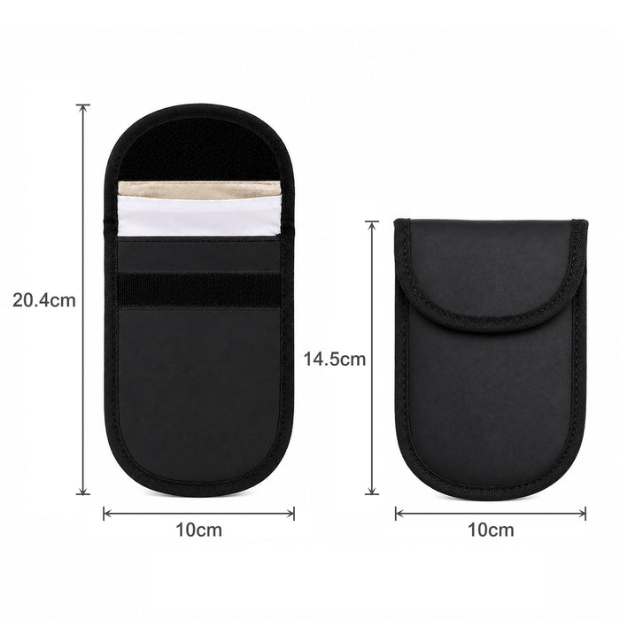 PU Faraday Signal Blocking Pouch - A black PU Faraday signal blocking pouch with dimensions indicated. It features a smooth outer surface and a secure closure.