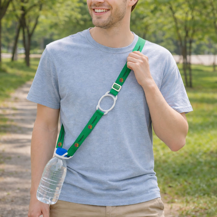 RPET 2 in 1 Water Bottle Lanyard - A drink bottle with a green lanyard strap is being worn by a man walking in a park. The lanyard features a logo.