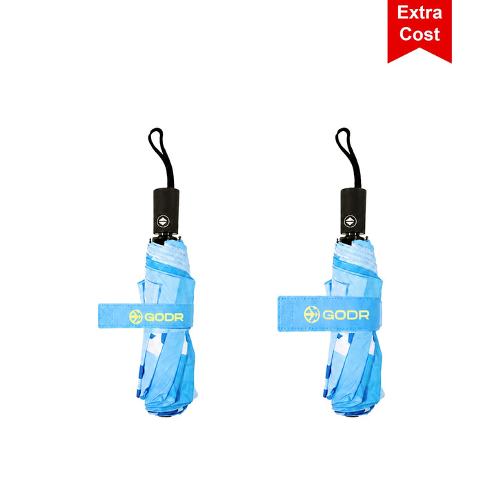 21'' Anti-rebound Folding Umbrella - A blue folding umbrella with a black handle and a logo, featuring an anti-rebound design.