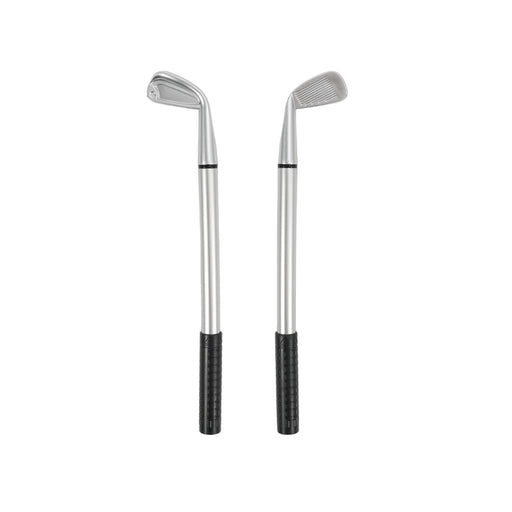 Golf Pen - Two silver golf clubs with black grips, featuring distinct club head designs. The image also includes a logo.