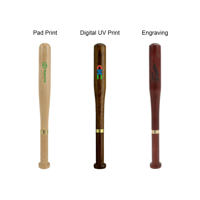 Commercial Baseball Bat Shape Pen - A commercial baseball bat-shaped pen in various finishes: light wood, dark wood, and polished red-brown, all with branding.