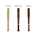 Commercial Baseball Bat Shape Pen - A commercial baseball bat-shaped pen in various finishes: light wood, dark wood, and polished red-brown, all with branding.