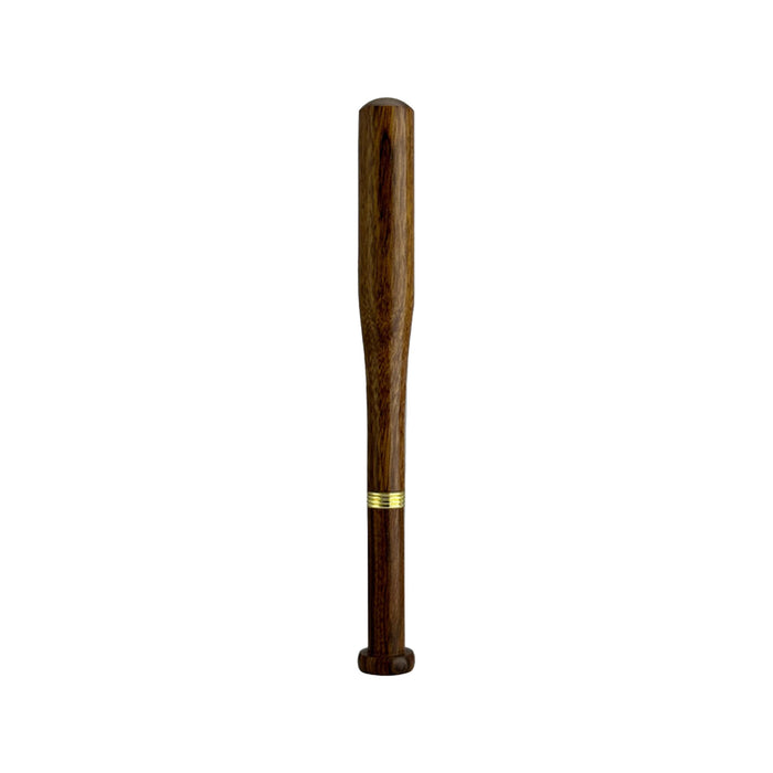 Commercial Baseball Bat Shape Pen - A brown baseball bat-shaped pen with a gold band near the base and a logo on its surface.