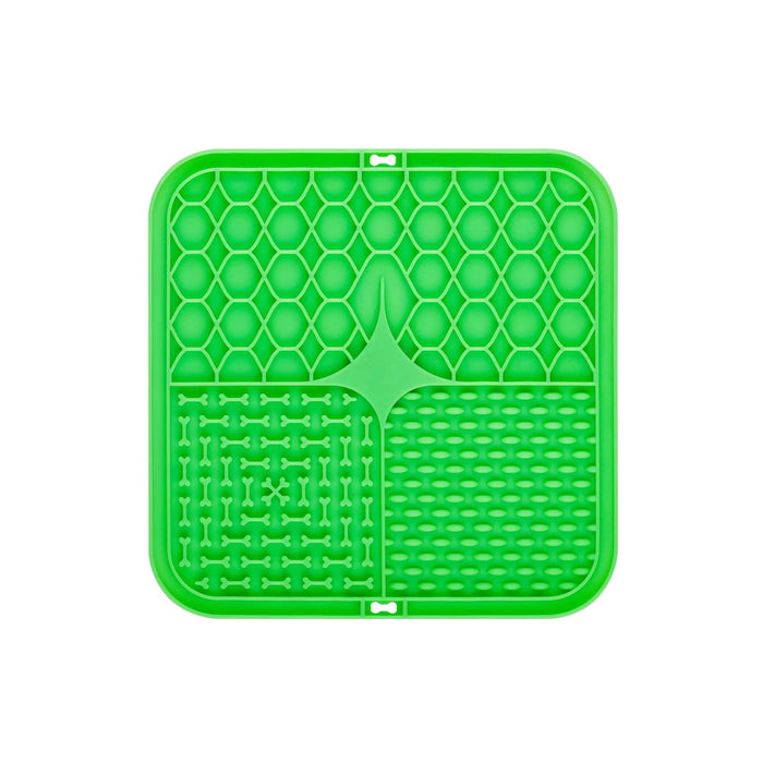 3-Section Dog Enrichment Lick Mat - A green, three-section dog enrichment lick mat featuring various textured patterns, including hexagons and bones.