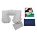 Inflatable travel Pillow - An inflatable travel pillow in light grey, accompanied by a navy carry pouch.