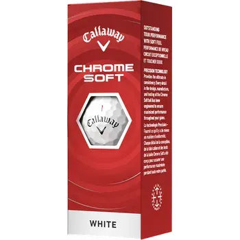 Callaway Golf Chrome Soft Golf Balls - 2026 Model - 3 Ball Sleeves - Three white Callaway Chrome Soft golf balls packaged in a red box with branding.