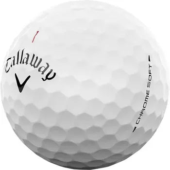 Callaway Golf Chrome Soft Golf Balls - 2026 Model - 3 Ball Sleeves - A white golf ball featuring a logo and text, designed as part of the Callaway Chrome Soft golf balls.