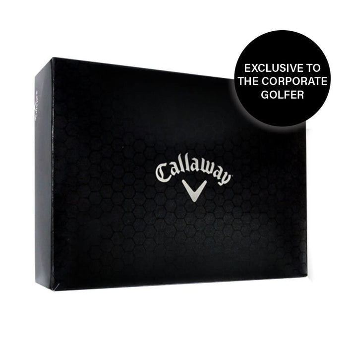 Callaway Warbird - A black box with a logo, containing Callaway Warbird golf balls. Box features a hexagonal pattern.