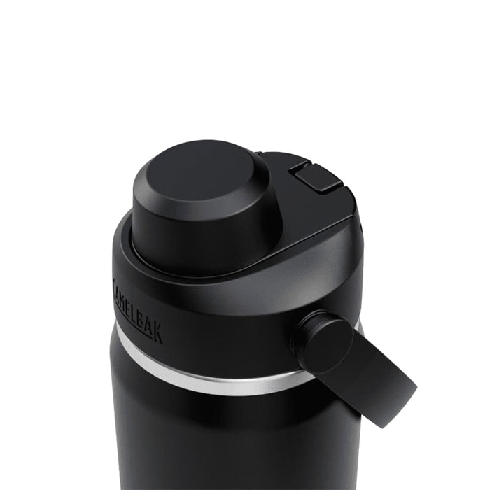 CamelBak - Thrive Chug VSS 0.6L - A drink bottle in black with a silver band and a screw-top lid features a flip-top spout and a logo.