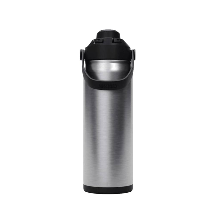 CamelBak - Thrive Chug VSS 0.6L - A drink bottle in stainless steel with a black lid and handle, featuring a streamlined design and a logo.