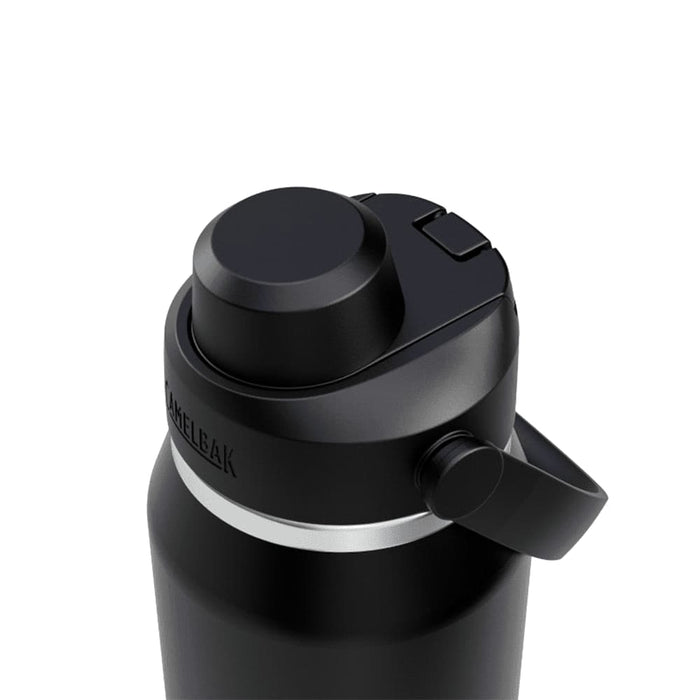 CamelBak - Thrive Chug VSS 1.0L - A drink bottle in black with a silver band, featuring a wide spout and a flip-top lid. It has a logo.