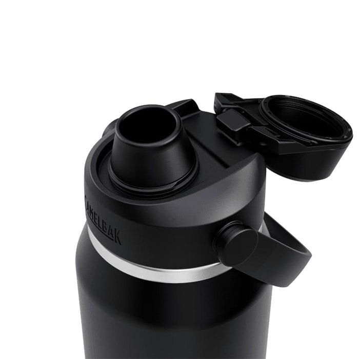 CamelBak - Thrive Chug VSS 1.0L - A drink bottle in black with a grey band and a twist-top lid featuring a spout. It has a logo on one side.