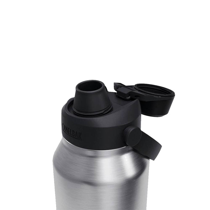 CamelBak - Thrive Chug VSS 1.2L - A drink bottle featuring a silver stainless steel body with a black lid and spout, complete with a branding logo.