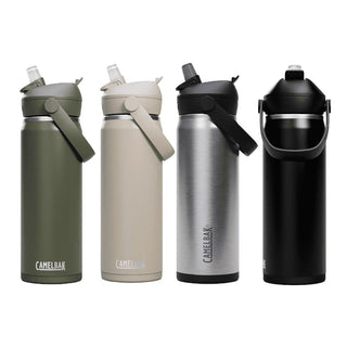 CamelBak - Thrive Flip Straw VSS 0.6L - A drink bottle featuring a flip straw design, available in olive green, beige, silver, and black. Includes a logo.
