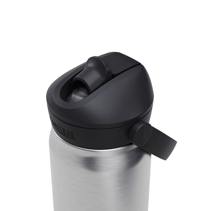 CamelBak - Thrive Flip Straw VSS 0.6L - A drink bottle in stainless steel with a black lid and flip straw, featuring a logo on the side.