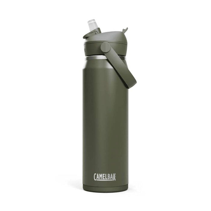 CamelBak - Thrive Flip Straw VSS 0.75L - A drink bottle in olive green with a flip straw and an attached carry handle. It features a logo.