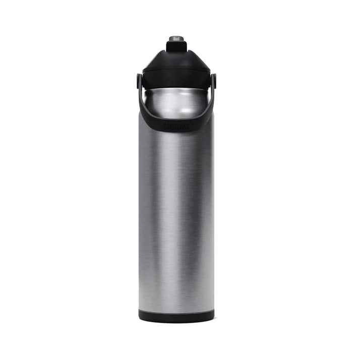 CamelBak - Thrive Flip Straw VSS 1.0L - A drink bottle with a shiny silver stainless steel body and a black flip straw lid. It features a built-in handle.