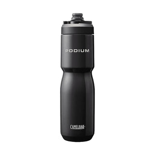 CamelBak - Podium Insulated Steel 0.65L - A drink bottle in black, featuring a screw-top lid and a brand logo, designed for insulation.