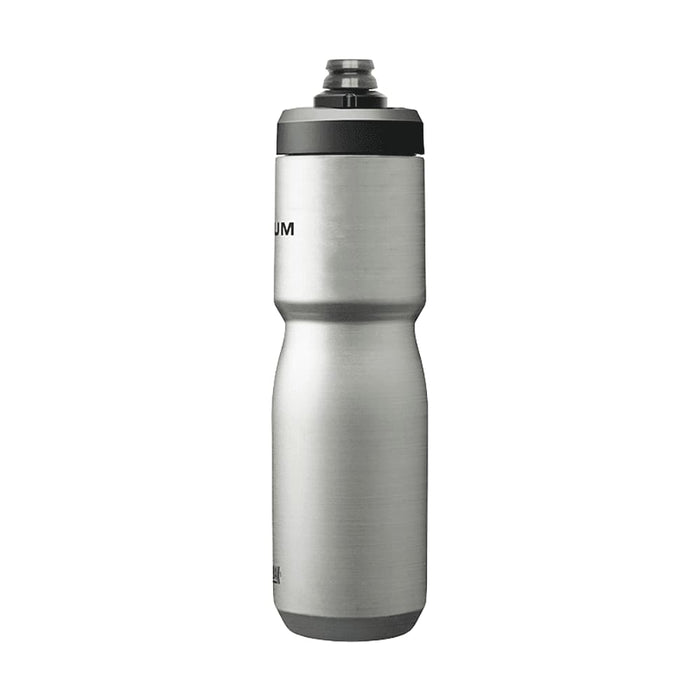 CamelBak - Podium Insulated Steel 0.65L - A drink bottle in stainless steel with a tapered design and a black lid, featuring a logo.