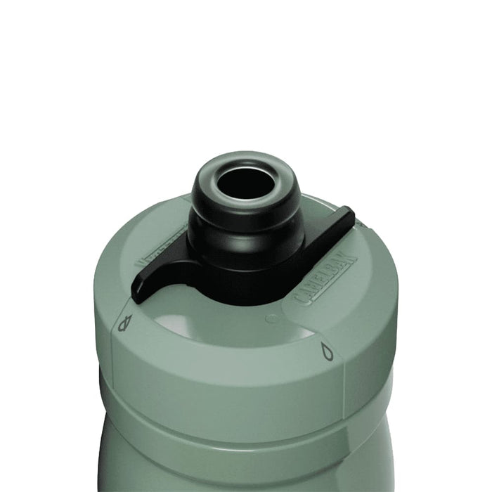 CamelBak - Podium Insulated Steel 0.35L - A drink bottle with a grey insulated metal body and a black nozzle cap features a brand logo.