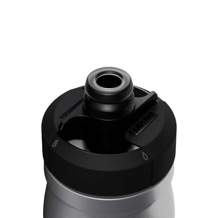 CamelBak - Podium Insulated Steel 0.35L - A drink bottle with a silver body and a black, spout lid featuring a logo.