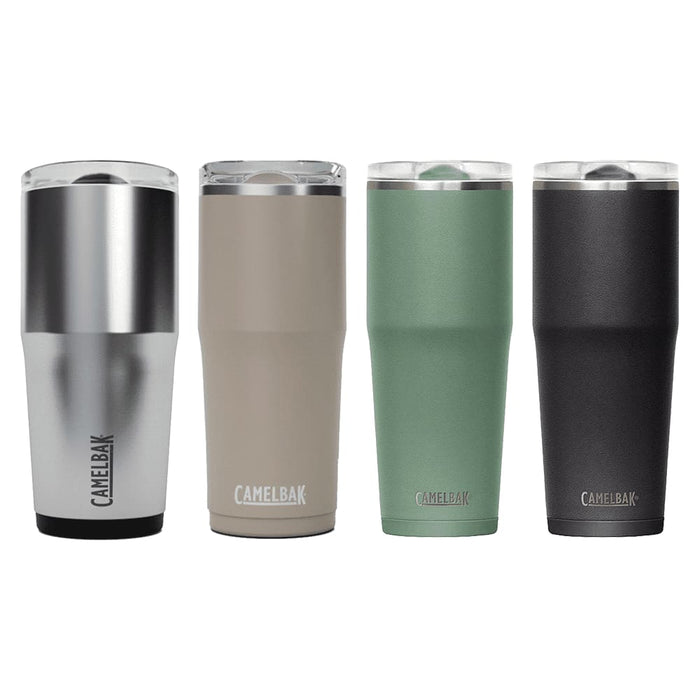 CamelBak - Thrive Tumbler VSS 0.6L - A drink bottle set featuring four tumblers in silver, beige, green, and black, each with a logo.