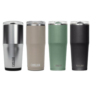 CamelBak - Thrive Tumbler VSS 0.9L - A drink bottle set featuring four tumblers in silver, beige, green, and black, each with a logo.