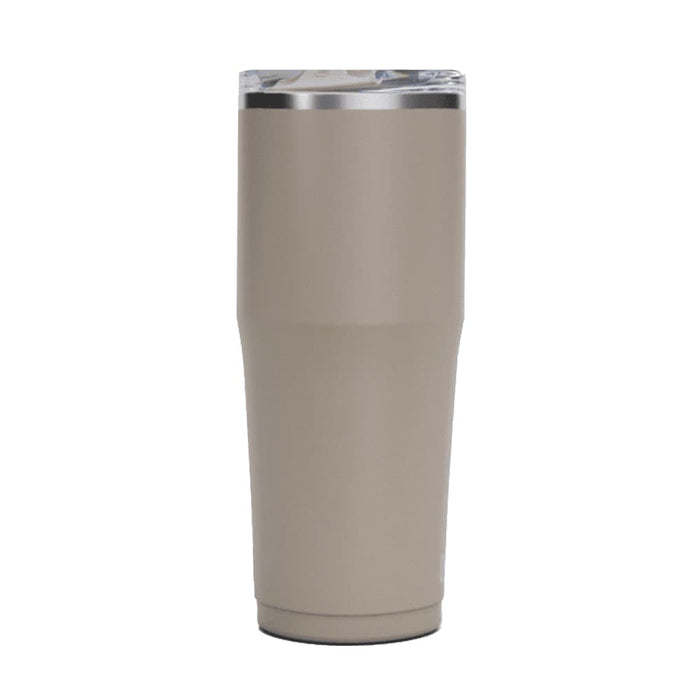 CamelBak - Thrive Tumbler VSS 0.9L - A drink bottle in a taupe colour with a stainless steel lid and a clear top, featuring a logo.