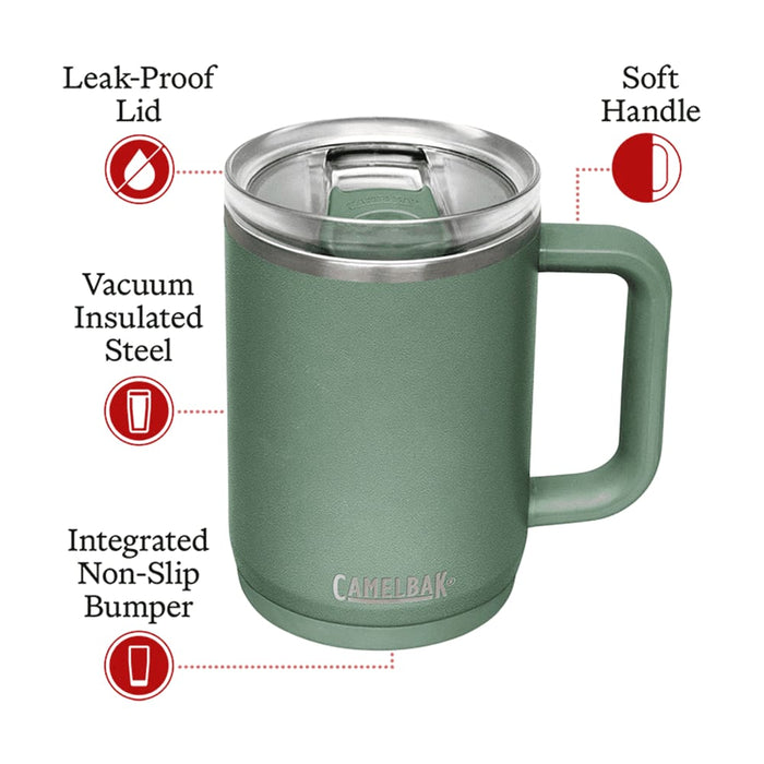 CamelBak - Thrive Mug VSS 0.5L - A drink bottle in green featuring a leak-proof lid, soft handle, and vacuum insulated stainless steel design.