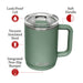 CamelBak - Thrive Mug VSS 0.5L - A drink bottle in green featuring a leak-proof lid, soft handle, and vacuum insulated stainless steel design.