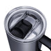 CamelBak - Thrive Mug VSS 0.5L - A drink bottle with a silver body and a black lid, featuring a sliding closure and a handle. It has a logo on the lid.