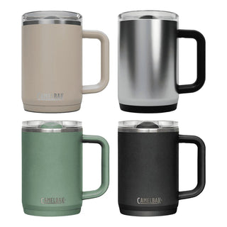CamelBak - Thrive Mug VSS 0.5L - A drink bottle collection featuring a beige, silver, green, and black travel mug, each with a handle and a lid.