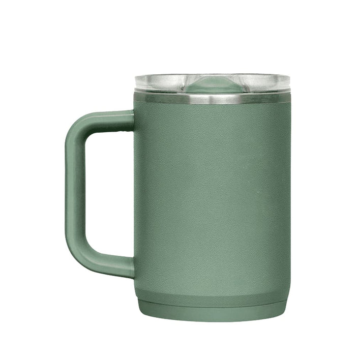CamelBak - Thrive Mug VSS 0.5L - A drink bottle in a muted green colour with a clear lid and a sturdy handle, featuring a logo on the side.