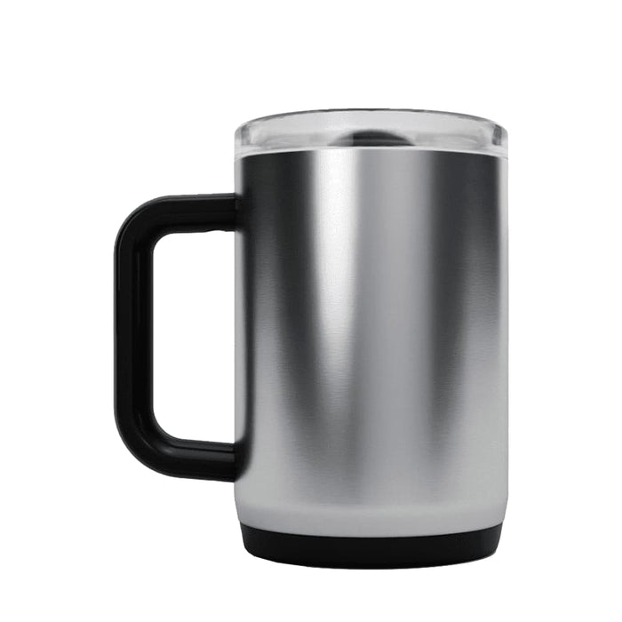 CamelBak - Thrive Mug VSS 0.5L - A drink bottle with a stainless steel exterior, black plastic handle, and a transparent lid. It features a logo.