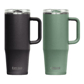 CamelBak - Thrive Mug VSS 1.0L - A drink bottle set featuring a black and a green mug with a handle. Each has a lid and branding visible.