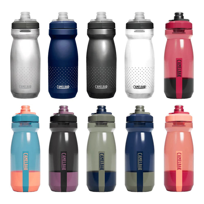 CamelBak Podium Bike Bottle 0.6L - Retail Colours - A drink bottle in various colours including grey, black, clear, red, blue, and green, featuring a brand logo.